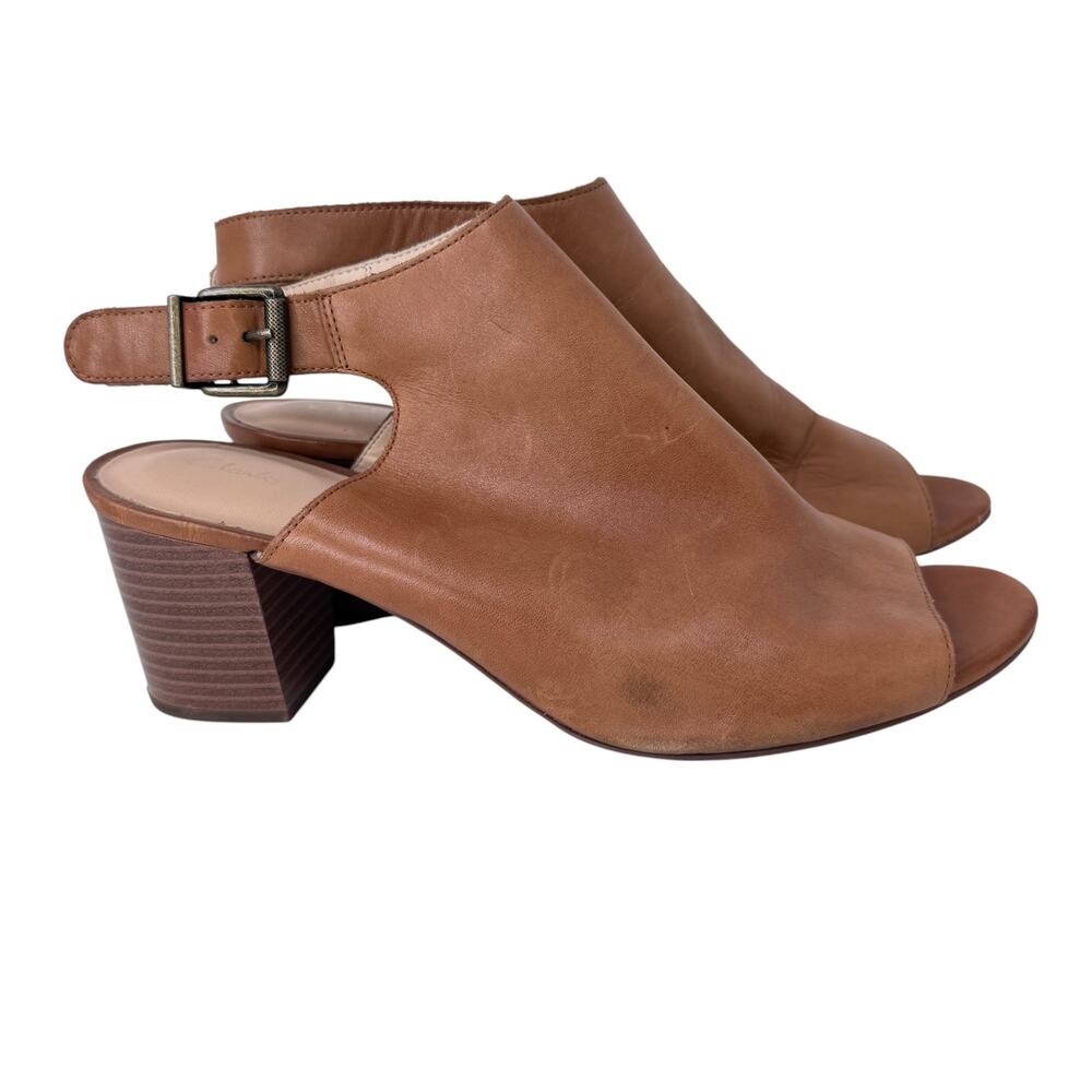 Clarks Deloria Gia Sandal Women's 11 M Tan Leather Block Heel Slingback Buckle